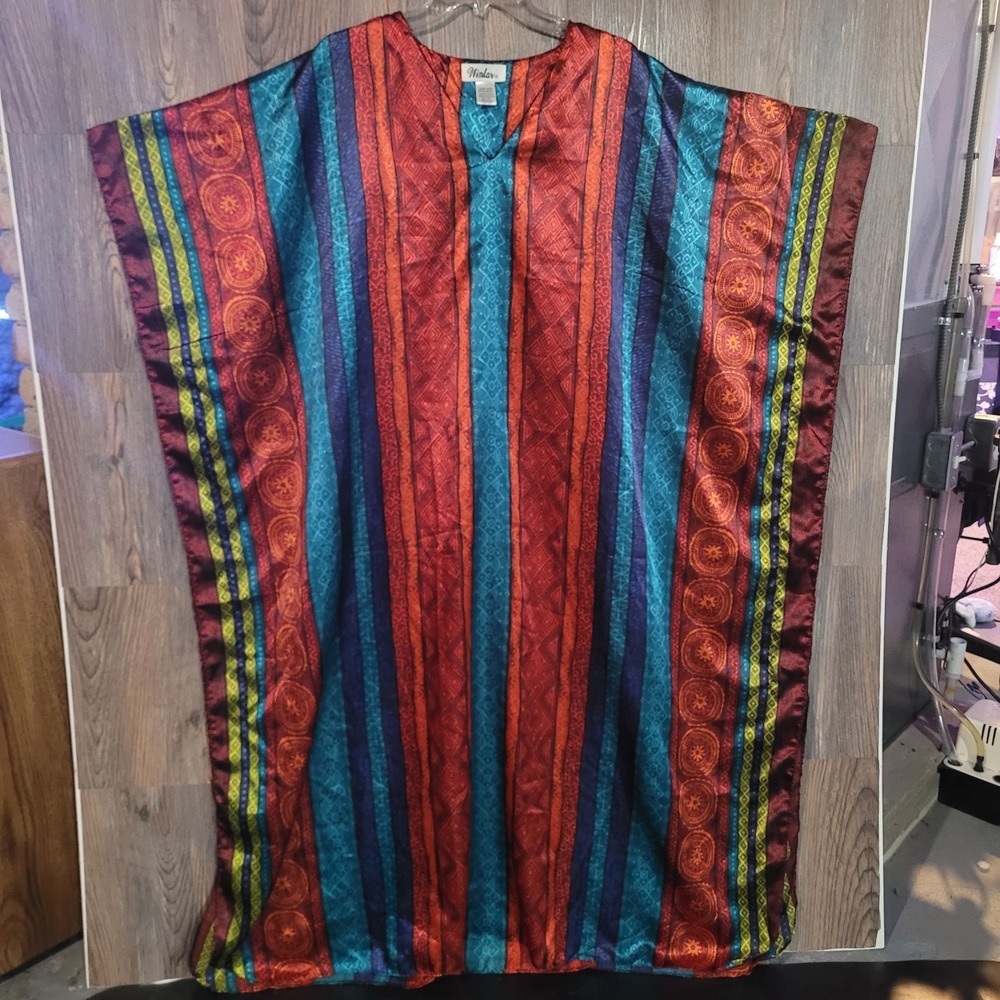 Winlar Satin Kaftan OSFM Colorful Jewel Tone Geometric Stripe Mumu Dress Artsy
